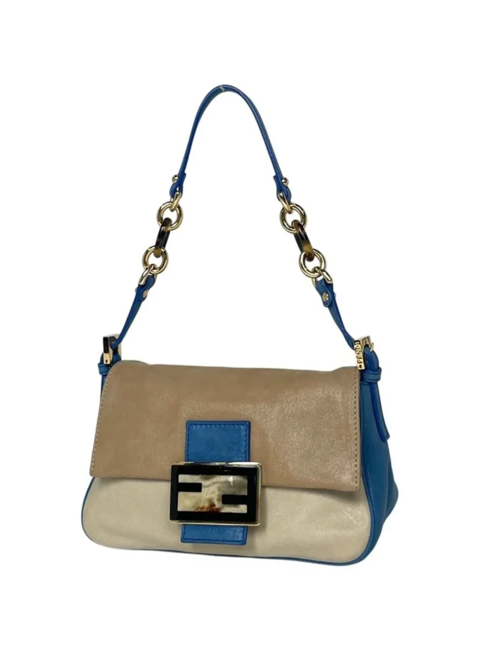Fendi Shoulder Bag Zucca Logo Leather Blue Beige